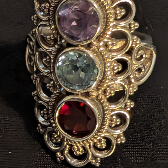 Sterling Silver Amethyst Blue Topaz Garnet Statement Ring Size 6 - Picture 5 of 9
